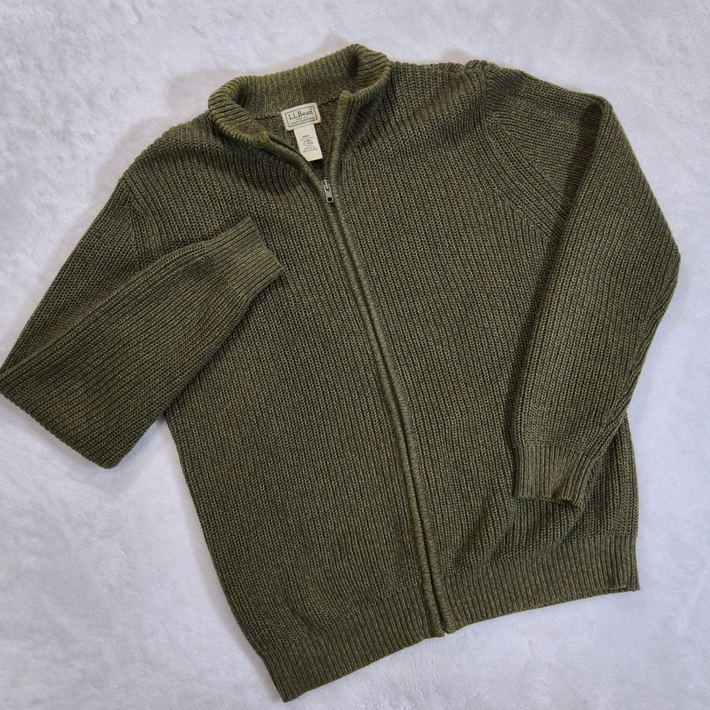 LL Bean Full Zip Sweater Mens Medium Olive Green Cotton Shaker Knit Fisherman